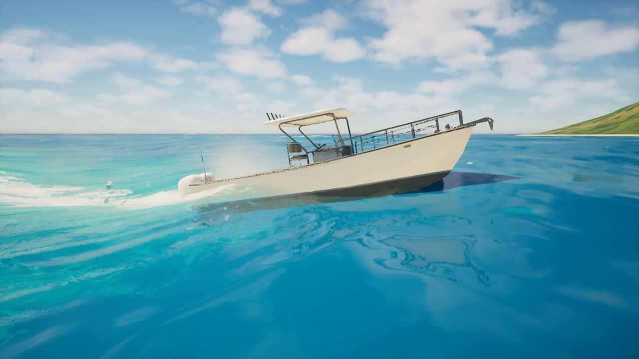 Centre console. Twin outboards at speed, her wake through a moderate sea