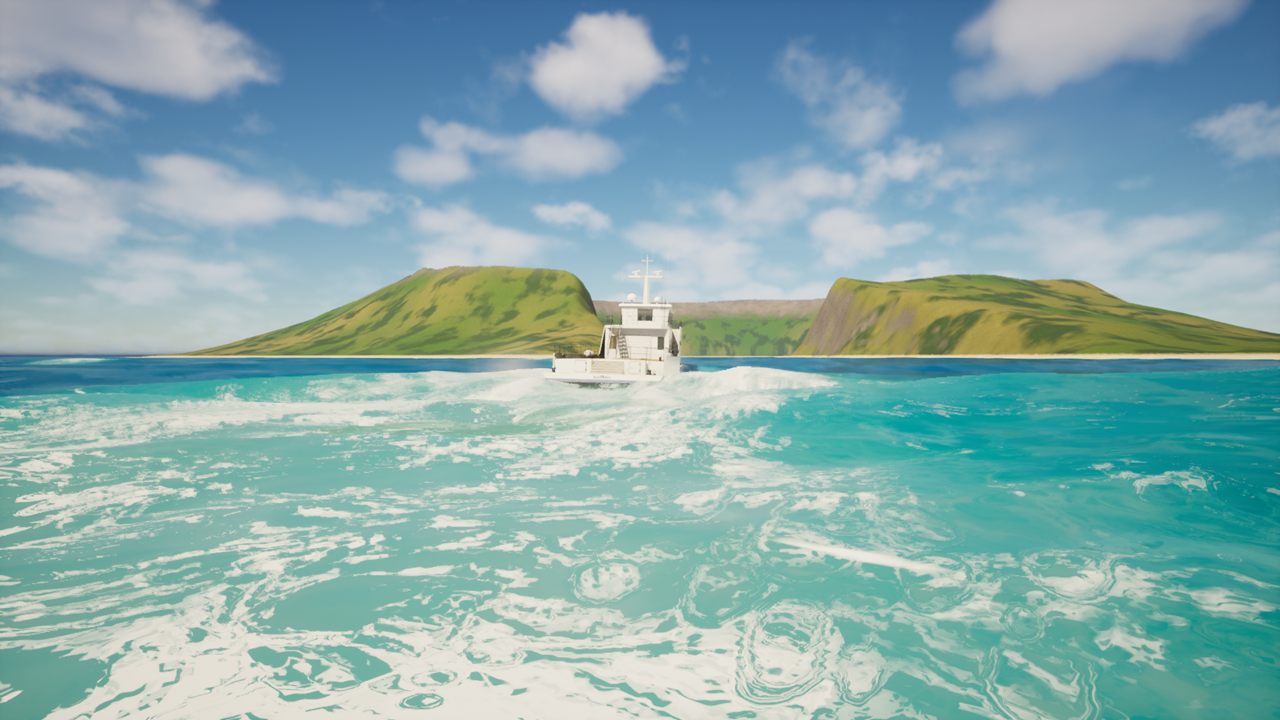 Yacht support vessel. Fifty-three metres, heading for the island