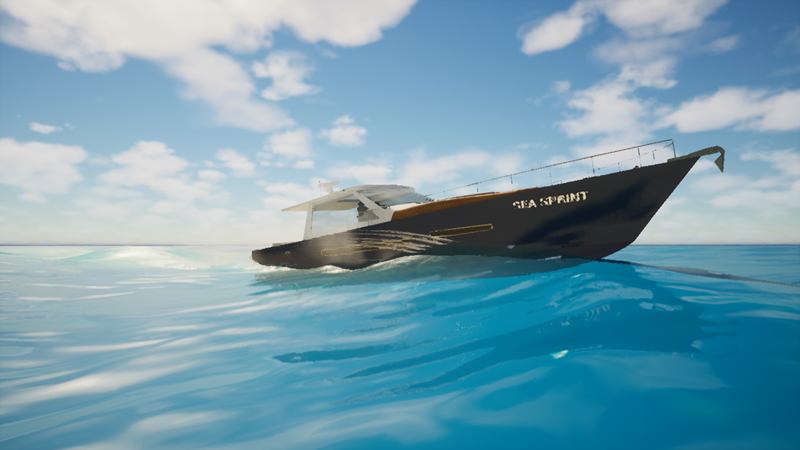 Up close. A navy hull, a teak deck and a hardtop