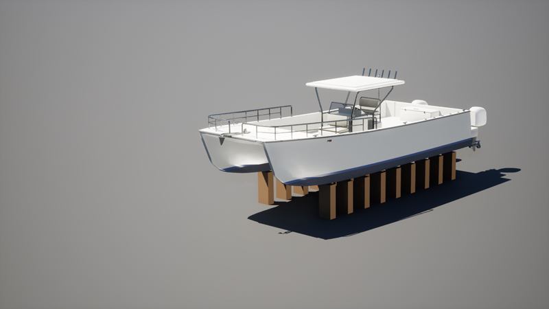 Ready to launch. The power catamaran on the slipway