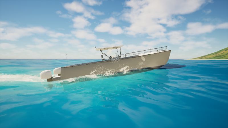 Power catamaran. Under way off the island
