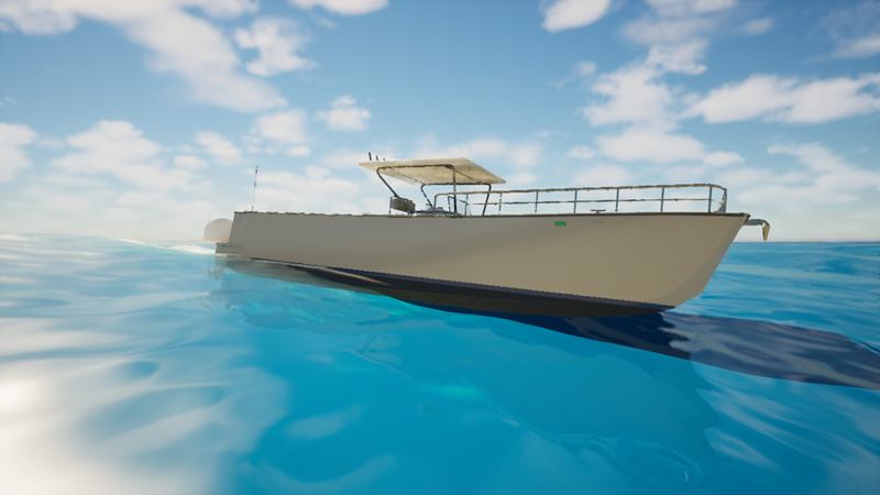 From abeam. The catamaran riding the swell