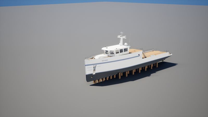 On the slipway. The yacht support vessel in the shipyard