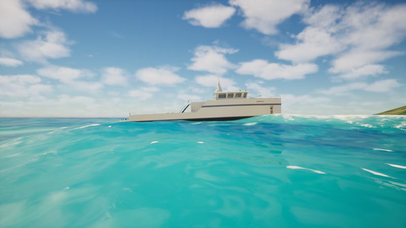 Moderate sea. The yacht support vessel rides the waves
