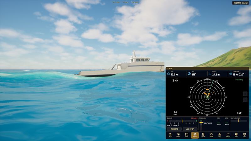 Radar. The helm display's radar page, with the coast around her