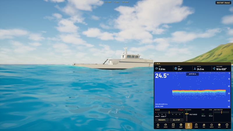Echo sounder. The sea floor under her keel