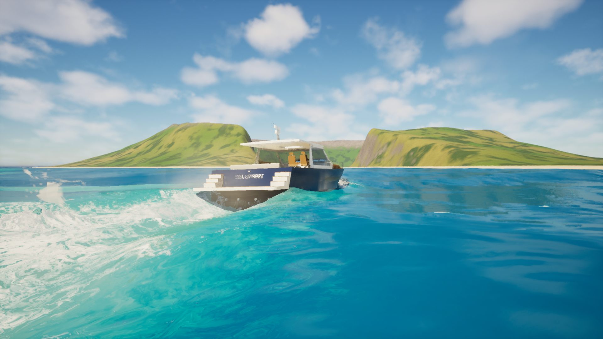 At speed. The planing yacht runs for the island, with wake and spray from her own hull